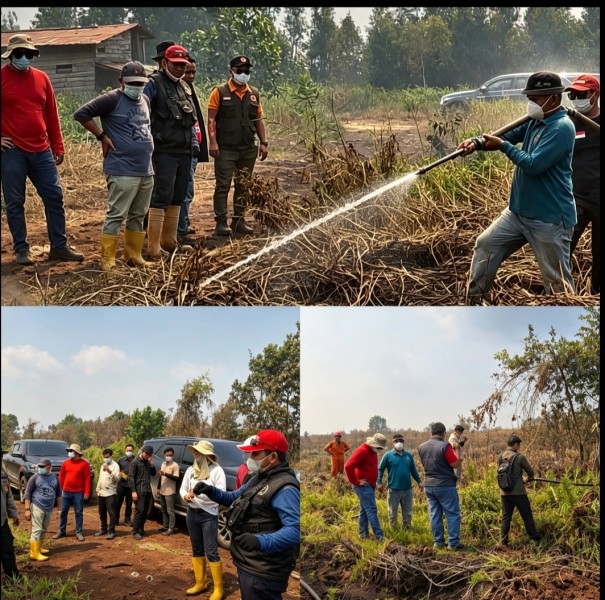 Camat Pangkalan Kerinci Pegang Selang Padamkan Api Bersama Bupati Pelalawan dan Rombongan